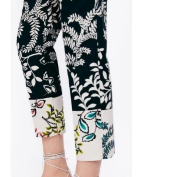 ZARA Printed Ankle Pants | Black Cream Tropical Floral | 97% Cotton Stretch | 2 - Picture 9 of 14